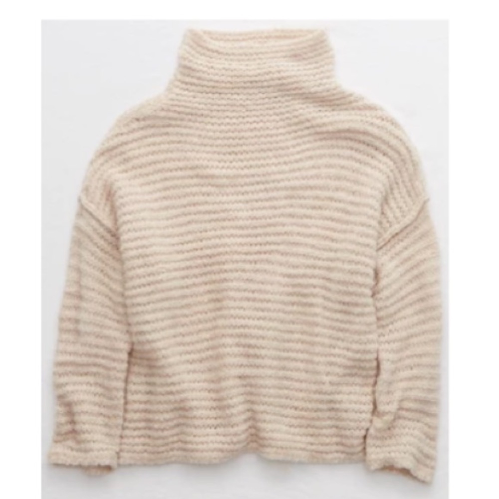 Aerie Babe Chenille Cowl Turtleneck Sweater Soft Satin/Cream/Tan XS - Picture 2 of 12